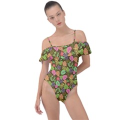 Forest Leaves Pattern Brown Frill Detail One Piece Swimsuit by PaperDesignNest