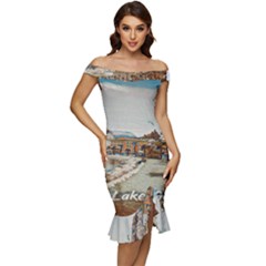 Birds And People On Lake Garda Off Shoulder Ruffle Split Hem Bodycon Dress by ConteMonfrey