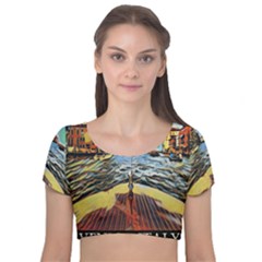 Gondola View   Velvet Short Sleeve Crop Top  by ConteMonfrey