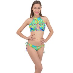 Fluid Organic Pattern Teal Blue Cross Front Halter Bikini Set by PaperDesignNest