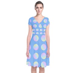 Abstract Stylish Design Pattern Blue Short Sleeve Front Wrap Dress by brightlightarts