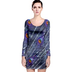 Peacock-feathers-color-plumage Blue Long Sleeve Bodycon Dress by danenraven