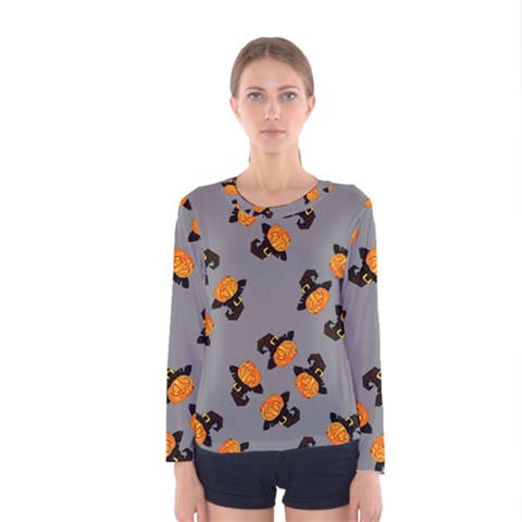 Pumpkin Heads With Hat Gray Women s Long Sleeve Tee by TetiBright