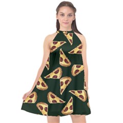 Pizza Slices Pattern Green Halter Neckline Chiffon Dress  by TetiBright