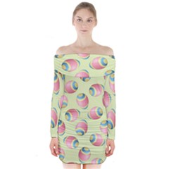 Colorful Easter Eggs Pattern Green Long Sleeve Off Shoulder Dress by TetiBright