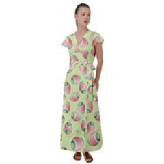 Colorful Easter Eggs Pattern Green Flutter Sleeve Maxi Dress by TetiBright