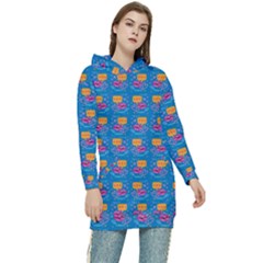 Speak Love Pattern On Blue Women s Long Oversized Pullover Hoodie by TetiBright