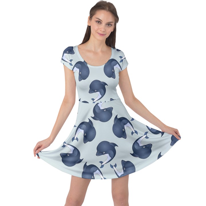 Blue Dolphins Pattern Cap Sleeve Dress