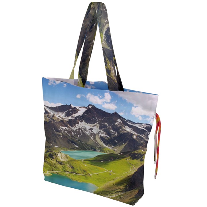 Aerial View Of Mountain And Body Of Water Drawstring Tote Bag