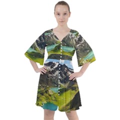 Aerial View Of Mountain And Body Of Water Boho Button Up Dress by danenraven