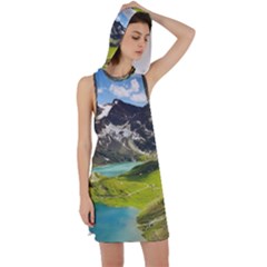 Aerial View Of Mountain And Body Of Water Racer Back Hoodie Dress by danenraven