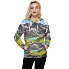 Aerial View Of Mountain And Body Of Water Women s Lightweight Drawstring Hoodie by danenraven