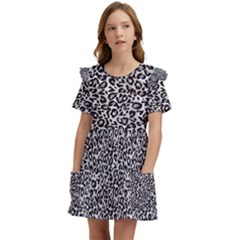 Black Cheetah Skin Kids  Frilly Sleeves Pocket Dress