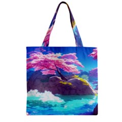 Fantasy Japan Mountains Cherry Blossoms Nature Zipper Grocery Tote Bag by Uceng