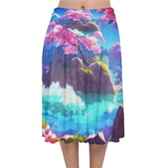 Fantasy Japan Mountains Cherry Blossoms Nature Velvet Flared Midi Skirt by Uceng