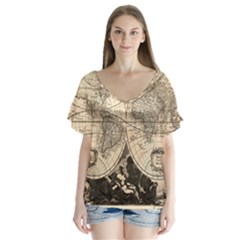 World Map - Nova Delineatio Totius Orbis Terrarum -  1659-1733 V-neck Flutter Sleeve Top by ConteMonfrey