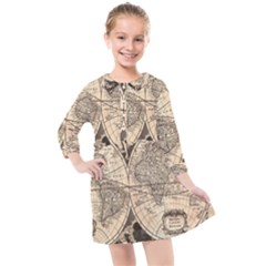 World Map - Nova Delineatio Totius Orbis Terrarum -  1659-1733 Kids  Quarter Sleeve Shirt Dress by ConteMonfrey