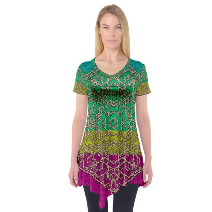 Rainbow Landscape With A Beautiful Silver Star So Decorative Short Sleeve Tunic 