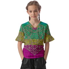 Rainbow Landscape With A Beautiful Silver Star So Decorative Kids  V-neck Horn Sleeve Blouse by pepitasart