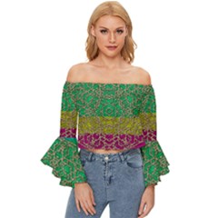 Rainbow Landscape With A Beautiful Silver Star So Decorative Off Shoulder Flutter Bell Sleeve Top by pepitasart