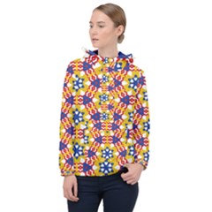 Wavey Shapes Pattern                                                              Women Hooded Front Pocket Windbreaker by LalyLauraFLM