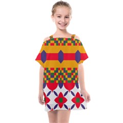 Red Flowers And Colorful Squares                                                               Kids  One Piece Chiffon Dress by LalyLauraFLM