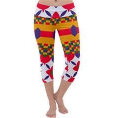 Red Flowers And Colorful Squares                                                                   Capri Yoga Leggings by LalyLauraFLM