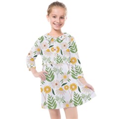 Flowers On A White Background Pattern                                                                  Kids  Quarter Sleeve Shirt Dress by LalyLauraFLM