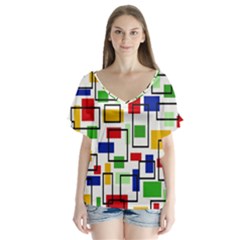 Colorful rectangles                                                                     V-Neck Flutter Sleeve Top