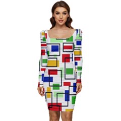 Colorful rectangles                                                            Women Long Sleeve Ruched Stretch Jersey Dress