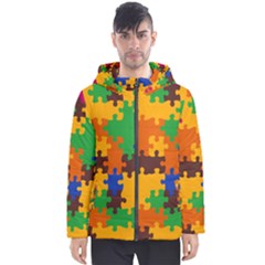 Retro Colors Puzzle Pieces                                                                        Men s Hooded Puffer Jacket by LalyLauraFLM