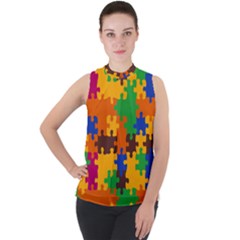 Retro Colors Puzzle Pieces                                                                      Mock Neck Chiffon Sleeveless Top by LalyLauraFLM