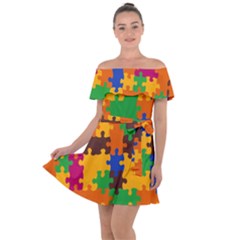 Retro Colors Puzzle Pieces                                                                     Off Shoulder Velour Dress by LalyLauraFLM