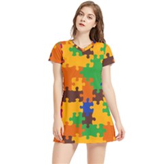 Retro Colors Puzzle Pieces                                                                      Short Sleeve V-neck Dress by LalyLauraFLM