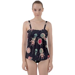 Space Pattern Cartoon Twist Front Tankini Set by Jancukart