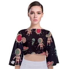 Space Pattern Cartoon Tie Back Butterfly Sleeve Chiffon Top