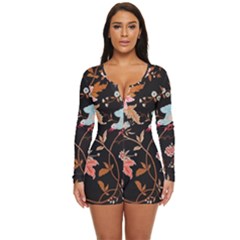 Vintage Floral Pattern Long Sleeve Boyleg Swimsuit