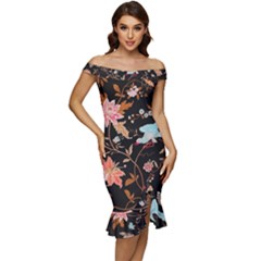 Vintage Floral Pattern Off Shoulder Ruffle Split Hem Bodycon Dress