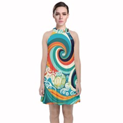 Wave Waves Ocean Sea Abstract Whimsical Velvet Halter Neckline Dress 