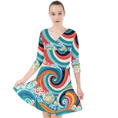 Wave Waves Ocean Sea Abstract Whimsical Quarter Sleeve Front Wrap Dress by Jancukart