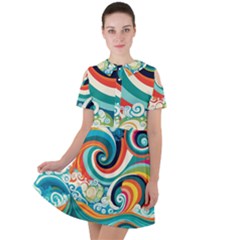 Wave Waves Ocean Sea Abstract Whimsical Short Sleeve Shoulder Cut Out Dress  by Jancukart