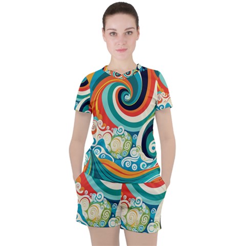 Wave Waves Ocean Sea Abstract Whimsical Women s Tee And Shorts Set by Jancukart