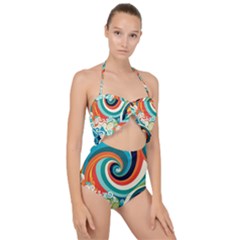 Wave Waves Ocean Sea Abstract Whimsical Scallop Top Cut Out Swimsuit