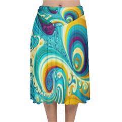 Waves Ocean Sea Abstract Whimsical Velvet Flared Midi Skirt by Jancukart