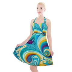 Waves Ocean Sea Abstract Whimsical Halter Party Swing Dress 