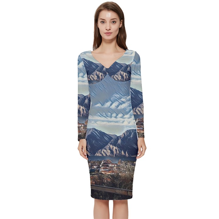 Lake in Italy Long Sleeve V-Neck Bodycon Dress 