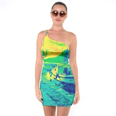 Blue And Green Boat Modern  One Soulder Bodycon Dress by ConteMonfrey