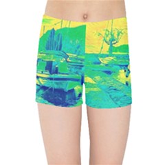 Blue And Green Boat Modern  Kids  Sports Shorts by ConteMonfrey