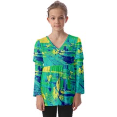 Blue And Green Boat Modern  Kids  V Neck Casual Top by ConteMonfrey