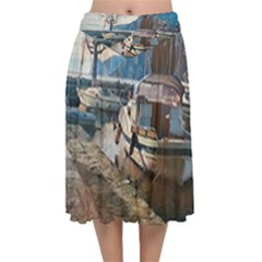 Boats On Gardasee, Italy  Velvet Flared Midi Skirt by ConteMonfrey